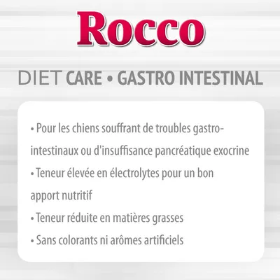 Rocco DIET CARE GASTRO INTESTINAL : pour chiens souffrant de troubles gastro-intestinaux, teneur élevée en électrolytes, faible en matières grasses, sans colorants ni arômes artificiels.