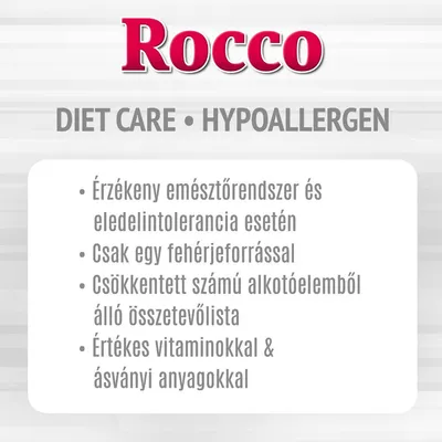 Rocco DIET CARE • HYPOALLERGEN. Érzékeny emésztőrendszer és eledelintolerancia esetén, csak egy fehérjeforrással, csökkentett számú összetevő, értékes vitaminokkal és ásványi anyagokkal.