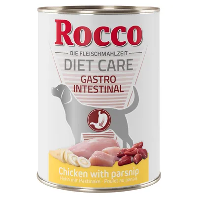 Diet care gastro intestinal food with chicken and parsnip, showing sliced chicken, parsnip and red beans on the label. Product intended for digestive support.