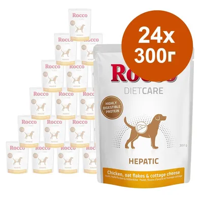 Пакетчета Rocco Diet Care Hepatic, 24 броя по 300 г. Видими надписи: Highly digestible protein, Chicken, oat flakes & cottage cheese.