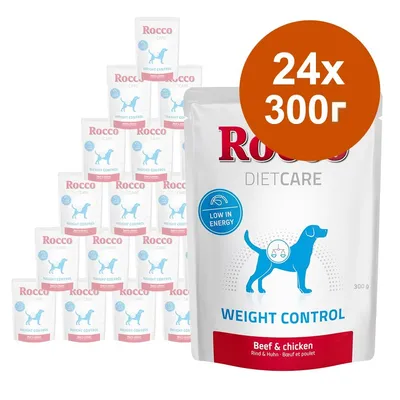 Rocco Diet Care Weight Control, 24 x 300 г, говеждо и пиле. Надпис: Low in energy. Опаковки с изображение на куче и везна.