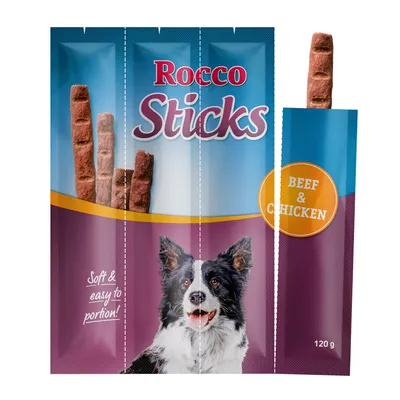 Rocco Sticks, mekani i lako se dijele, govedina i piletina, 120 g. Pakiranje sa slikom psa i mesnim štapićima.