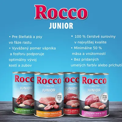 Rocco Junior konzervy pre šteňatá, 400 g. Viditeľné príchute: hydina s jeleňom, hydina so srdcami a ryžou, hovädzie s hydinou, morčacie s teľacím a ryžou. Text: minimálne 50 % mäsa.