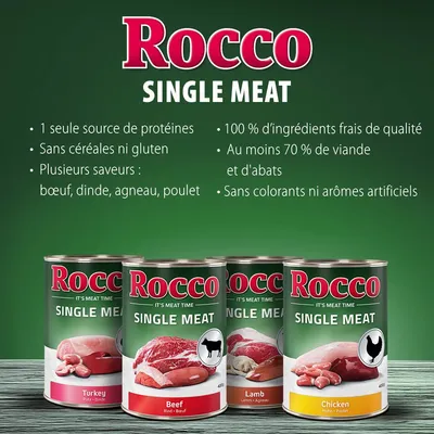 Rocco Single Meat – 1 seule source de protéines, sans céréales ni gluten, plusieurs saveurs : bœuf, dinde, agneau, poulet, au moins 70 % de viande et abats, sans colorants ni arômes artificiels.