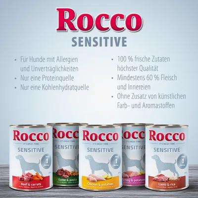 Rocco Sensitive – boîtes visibles : Beef & carrots, Game & pasta, Chicken & potatoes, Turkey & potatoes, Lamb & rice. Texte en allemand sur ingrédients et caractéristiques du produit.