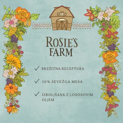 Rosie's Farm. Brzžitna receptura, 30 % svežega mesa, izboljšana z lososovim oljem.