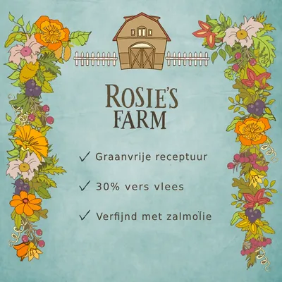 Rosie's Farm. Graanvrije receptuur, 30% vers vlees, verfijnd met zalmolie.