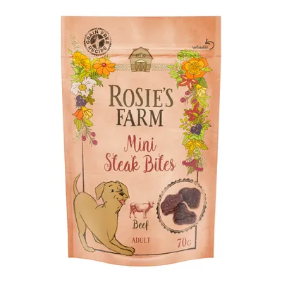 Pachet ROSIE'S FARM Mini Steak Bites, Beef, Adult, 70g, rețetă fără cereale, imagine cu bucăți de snack și desen câine. Text vizibil: resealable.