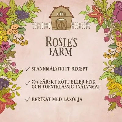ROSIE'S FARM. Spannmålsfritt recept. 70 % färskt kött eller fisk och förstklassig inälvsmat. Berikat med laxolja.