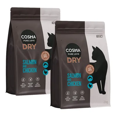 Deux sacs Cosma Pure Love Dry Adult, saveur Salmon and Chicken, 2 kg chacun. Mentions visibles : 100% grain-free recipe, high meat share fresh meat, only selected ingredients.