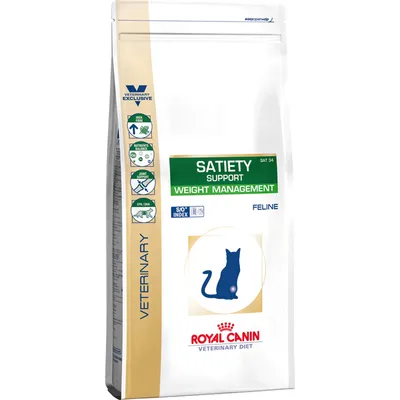 Royal Canin Veterinary Diet Satiety Support Weight Management Feline -kuivaruokapakkaus, kissan siluetti, vihreä ja valkoinen etiketti, näkyvissä myös tekstit VETERINARY ja SO INDEX.