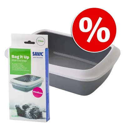 Savic Bag it Up kissanhiekkapussit, Medium, 12 pussia. Harmaa kissanvessa valkoisella reunalla ja punaisella alennussymbolilla.