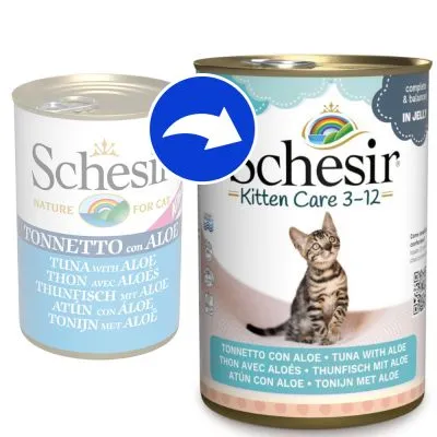 Schesir Kitten Care 3–12 burk med bild på kattunge och text: Tonnetto con aloe, tuna with aloe, thon avec aloès, thunfisch mit aloe, atún con aloe, tonijn met aloë.