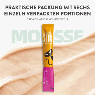 Schesir Stix Cat Creamy Snacks, praktische Packung mit sechs einzeln verpackten Portionen, cremige weiche Mousse-Textur, Geschmacksrichtung Huhn, 15g pro Portion.