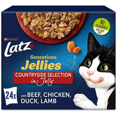Latz Sensations Jellies Countryside Selection in Jelly, 24 annosta naudan-, kanan-, ankan- ja lampaanlihaa. Ei väriaineita. PURINA-logo näkyvissä.