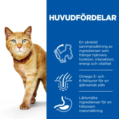 HUVUDFÖRDELAR: En särskild sammansättning av ingredienser som främjar hjärnans funktion, interaktion, energi och vitalitet. Omega-3- och 6-fettsyror för glansande päls. Lättsmälta ingredienser.