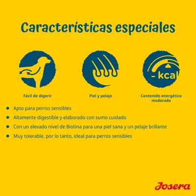Características especiales: fácil de digerir, piel y pelaje, contenido energético moderado. Apto para perros sensibles, altamente digestible, con biotina, muy tolerable. Josera.