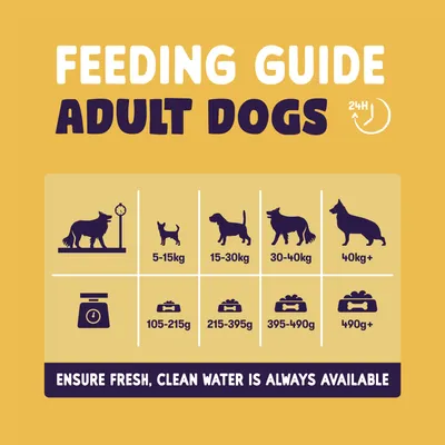 Feeding guide for adult dogs: 5-15kg need 105-215g, 15-30kg need 215-395g, 30-40kg need 395-490g, over 40kg need 490g+. Ensure fresh, clean water is always available.