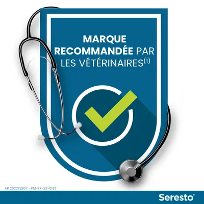 Texte : MARQUE RECOMMANDÉE PAR LES VÉTÉRINAIRES(1). Seresto. Stéthoscope visible, coche verte dans un cercle blanc. Référence AP 2022/3267 – PM-FR-22-0137.
