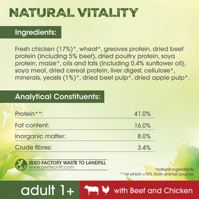 Natural Vitality ingredients: fresh chicken 17%, wheat, greaves protein, dried beef protein, poultry protein, soya, maize. Protein 41%, fat 16%, inorganic matter 8%, crude fibres 3.4%. Adult 1+ with Beef and Chicken.
