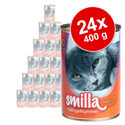 Smilla Geflügeltöpfchen mit Rind, balenie 24×400 g konzerv s obrázkom mačky na etikete. Veľký červený kruh s textom: 24x 400 g.