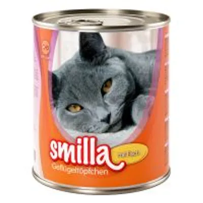 Lattina di cibo per gatti con immagine di un gatto grigio e testo visibile: smilla, mit Fleisch, Geflügeltöpfchen.