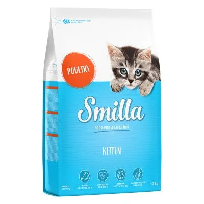 Sac de croquettes Smilla Kitten, volaille, 10 kg. Texte visible : Food for a lifetime, high acceptancy, contains taurine, omega fatty acids, harmonious growth, made in Germany.