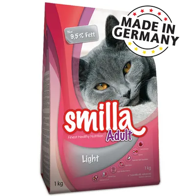 Smilla Adult Light -kuivaruoka kissalle, 1 kg. Tekstit: Nur 9,5 % Fett, Made in Germany, Finest Healthy Nutrition, Vitamins A & E, Dental Care, High-Quality Protein, Plant Fiber, Yeast Extracts.
