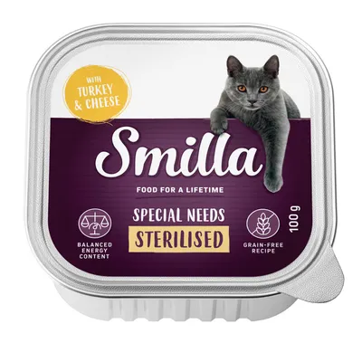 Smilla Special Needs Sterilised cat food with turkey and cheese, 100g. Grain-free recipe and balanced energy content.