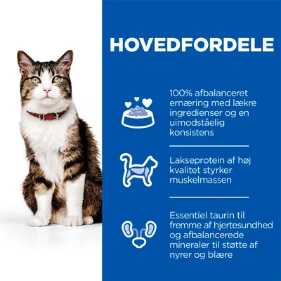 HOVEDFORDELE: 100% afbalanceret ernæring, lakseprotein af høj kvalitet styrker muskelmassen, essentiel taurin til hjertesundhed og mineraler til støtte af nyrer og blære.