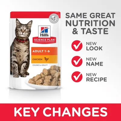 Product update showing Hill's Science Plan Adult 1-6 Chicken Chunks & Gravy with text: same great nutrition and taste, new look, new name, new recipe. Key changes highlighted.