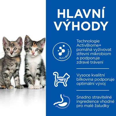 Hlavní výhody: Technologie ActivBiome+ podporuje střevní mikrobiom, vysoce kvalitní bílkovina pro optimální vývoj, snadno stravitelné ingredience pro malé žaludky. Dvě koťata vlevo.