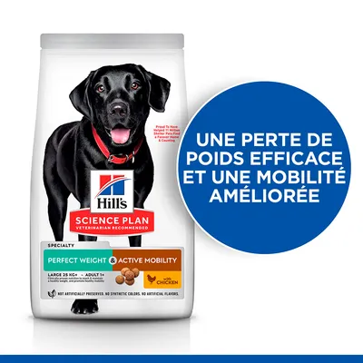 Hill's Science Plan Perfect Weight & Active Mobility pour chien adulte, avec poulet. Texte visible : une perte de poids efficace et une mobilité améliorée.