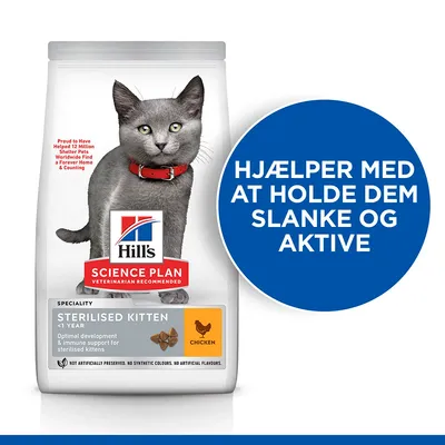 Hill's Science Plan Sterilised Kitten <1 Year Chicken. Hjælper med at holde dem slanke og aktive. Proud to Have Helped 12 Million Shelter Pets Worldwide Find Forever Home & Counting.
