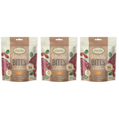 Lukullus Vitality Bites Adult, grain-free, with wild boar, brewer's yeast and rosehip. Supports the immune system. Pack size: 200g.
