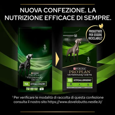 Purina Pro Plan Veterinary Diets HA Hypoallergenic, nuova confezione con cane illustrato, testo: progettato per essere riciclabile. Sito: www.dovelobutto.nestle.it