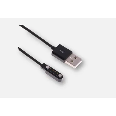 Câble de charge USB noir avec connecteur magnétique et quatre contacts visibles.