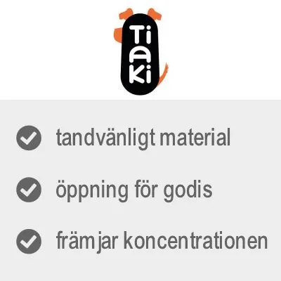 Tiaki. Tandvänligt material, öppning för godis, främjar koncentrationen.