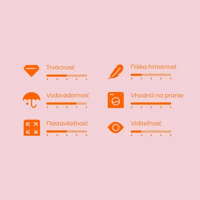 Hodnotiaca škála s 6 kritériami: trvácnosť, vodovzdornosť, nastaviteľnosť, nízka hmotnosť, vhodná na pranie, viditeľnosť. Škála od 1 do 5.