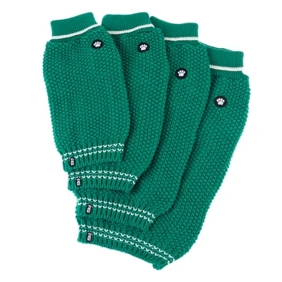 Four green knitted dog jumpers with white stripes and paw badges, suitable for cold weather.