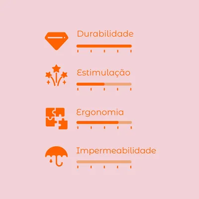 Escala de avaliação com 4 critérios: durabilidade, estimulação, ergonomia e impermeabilidade. Cada critério apresenta uma barra de nível visual.