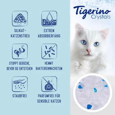 Tigerino Crystals Silikat-Katzenstreu: extrem absorbierfähig, stoppt Gerüche bevor sie entstehen, hemmt Bakterienwachstum, staubfrei, parfümfrei für sensible Katzen.