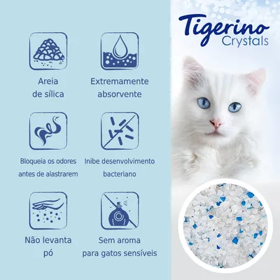 Tigerino Crystals. Areia de sílica, extremamente absorvente, bloqueia odores, inibe desenvolvimento bacteriano, não levanta pó, sem aroma para gatos sensíveis. Grânulos brancos e azuis visíveis.