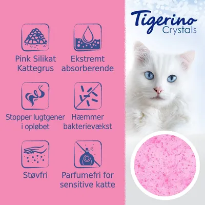 Tigerino Crystals pink silikat kattegrus, ekstremt absorberende, stopper lugtgener, hæmmer bakterievækst, støvfri, parfumefri for sensitive katte. Rundt billede af pink grus.