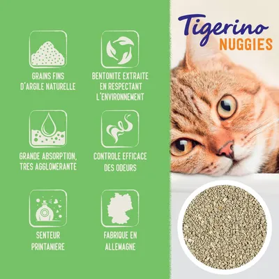 Tigerino Nuggies. Grains fins d’argile naturelle, bentonite extraite en respectant l’environnement, grande absorption très agglomérante, contrôle efficace des odeurs, senteur printanière, fabriqué en Allemagne.