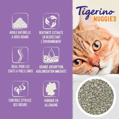 Tigerino Nuggies. Argile naturelle à gros grains, bentonite extraite en respectant l’environnement, idéal pour chats à poils longs, grande absorption, contrôle des odeurs, fabriqué en Allemagne.