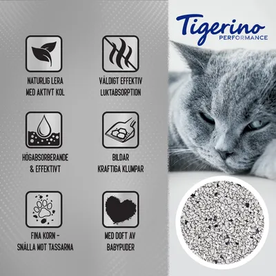Tigerino Performance. Naturlig lera med aktivt kol, väldigt effektiv luktabsorption, högabsorberande & effektivt, bildar kraftiga klumpar, fina korn, med doft av babypuder.