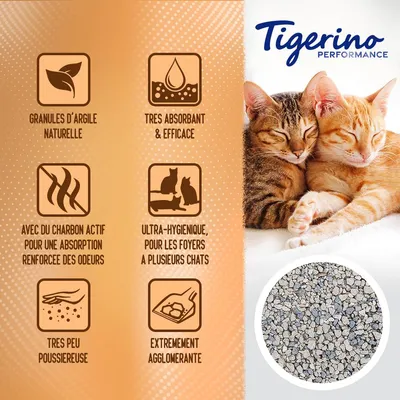 Tigerino Performance. Granules d’argile naturelle, très absorbant & efficace, charbon actif pour odeurs, ultra-hygiénique foyers chats, peu poussiéreuse, extrêmement agglomérante.