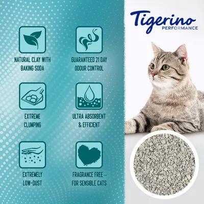 Tigerino Performance kattenbakvulling, zichtbare korrels en kat. Engelstalige claims: natural clay with baking soda, guaranteed 21 day odour control, extreme clumping, ultra absorbent & efficient, extremely low-dust, fragrance free – for sensible cats.