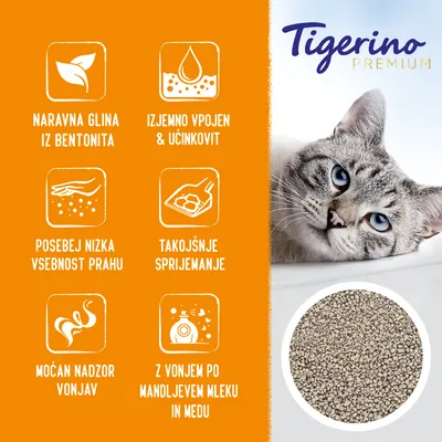 Tigerino Premium pesek za mačke - vonj mandljevo mleko & med